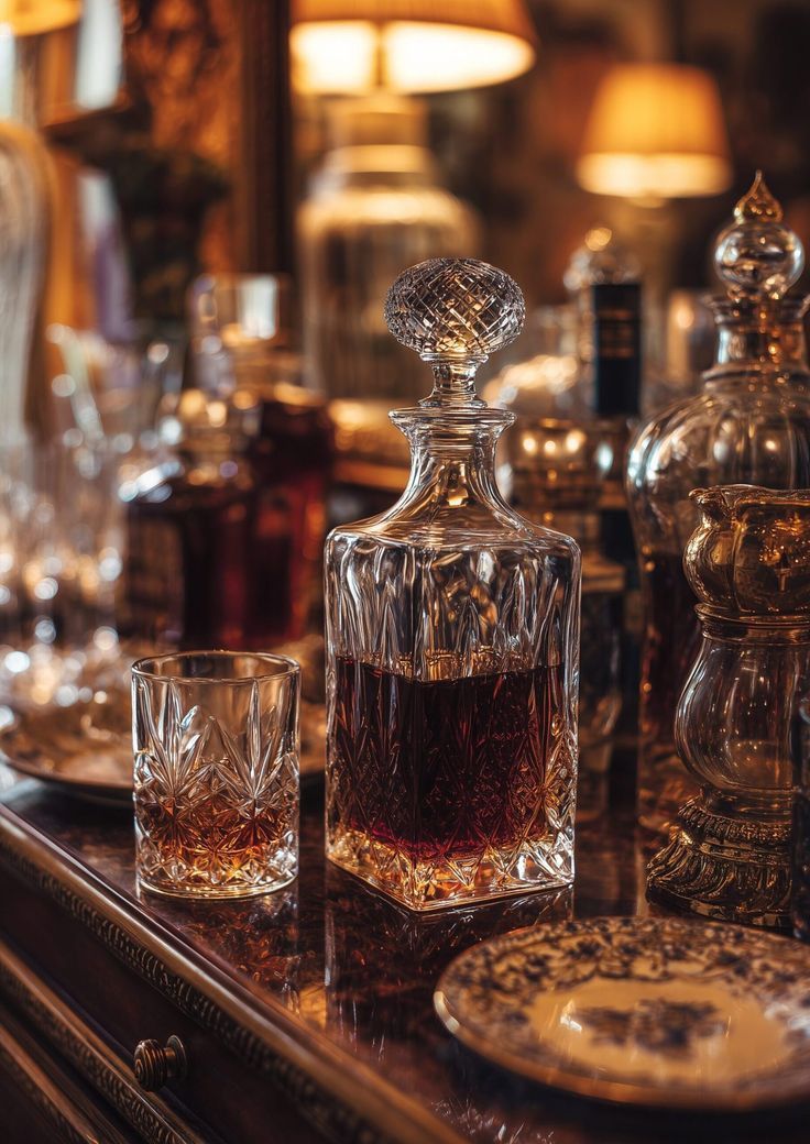 Crystal decanters in warm light on bar shelf
