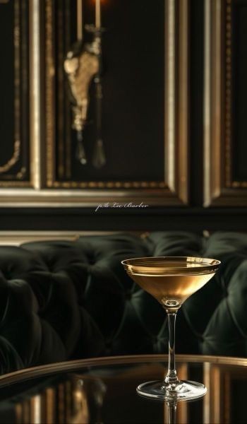 Gold-toned martini with green velvet banquette and panelled wall