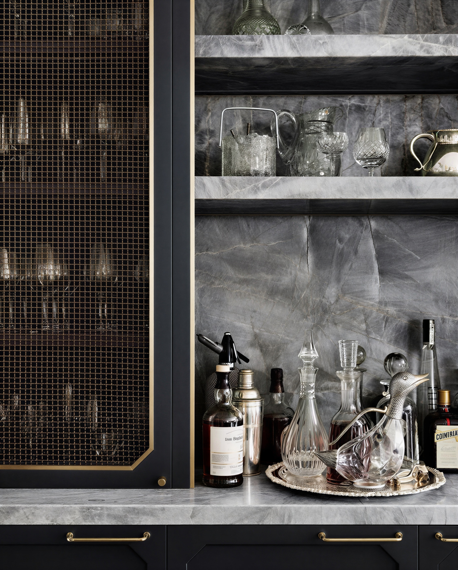 Marble bar with brass mesh cabinet, crystal decanters on silver tray
