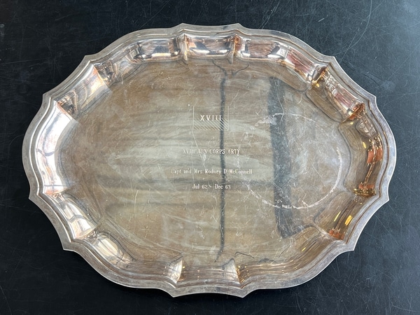 Silver scalloped engraved serving tray